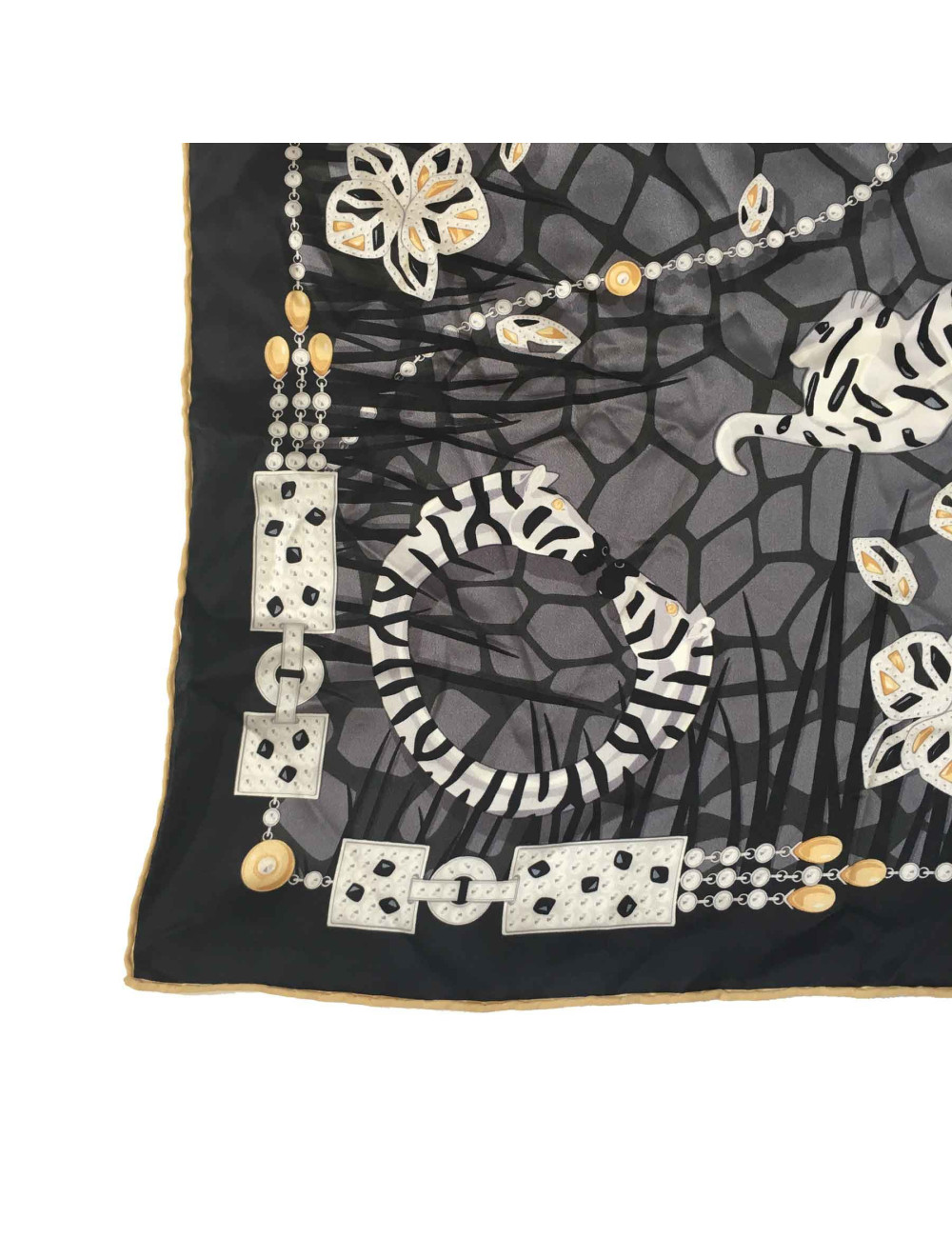 CARTIER 'Panthere" scarf in black gray and gold silk