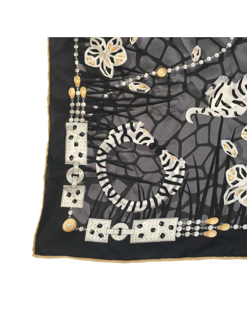 CARTIER 'Panthere" scarf in black gray and gold silk