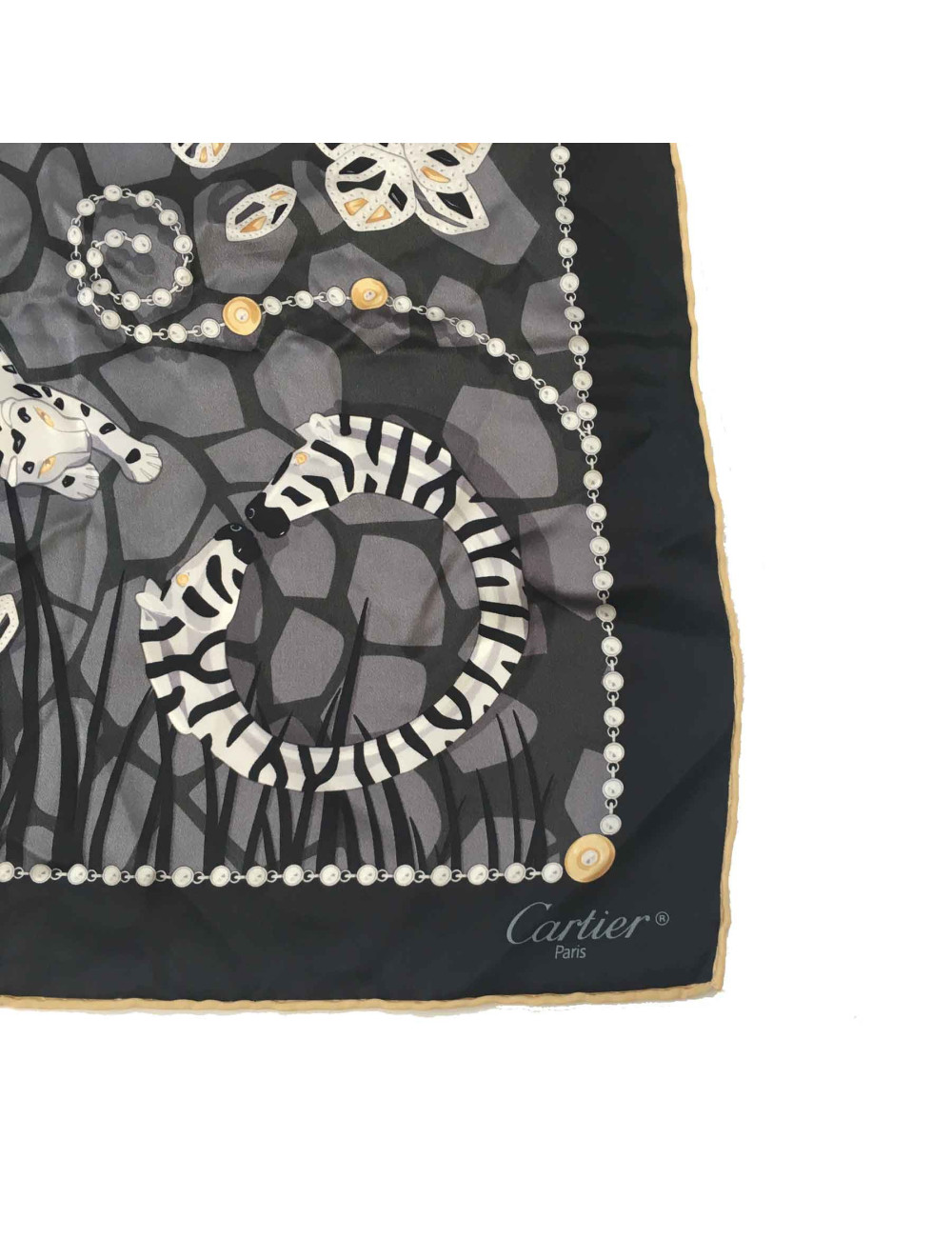 CARTIER 'Panthere" scarf in black gray and gold silk