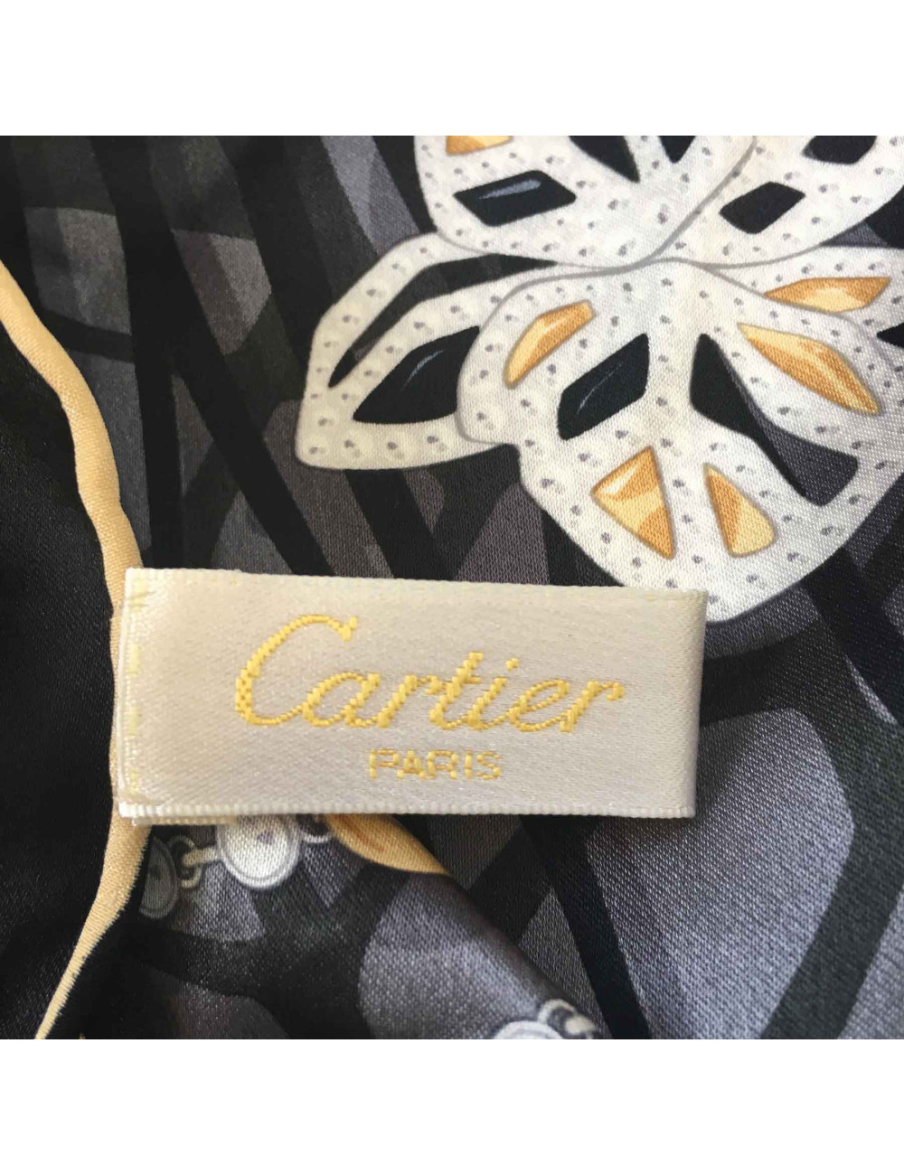 CARTIER 'Panthere" scarf in black gray and gold silk