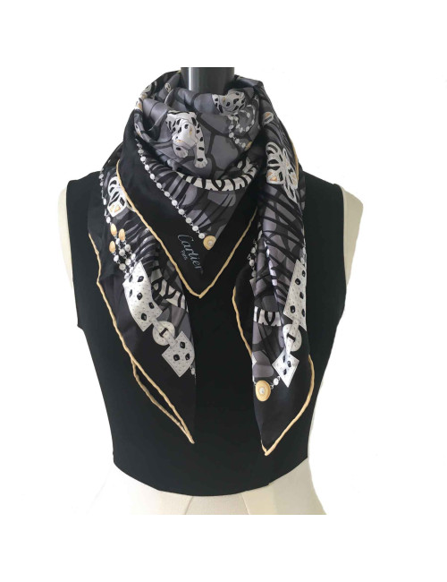 CARTIER 'Panthere" scarf in black gray and gold silk