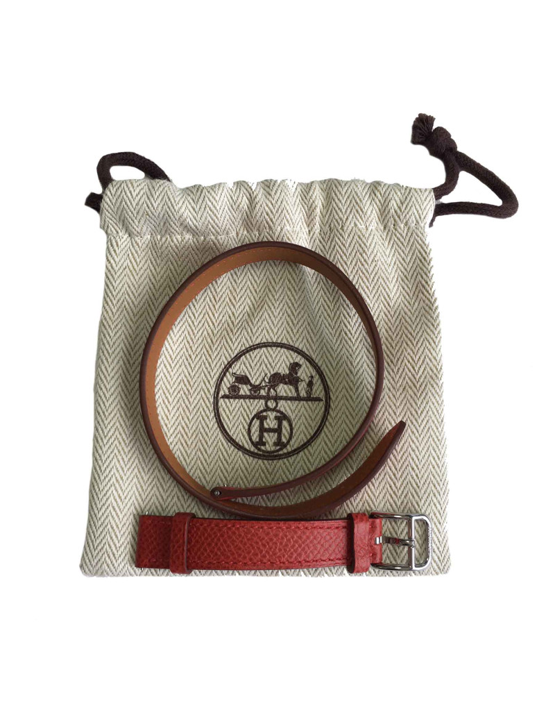 Bracelet de montre HERMES double tour PM cuir rouge 