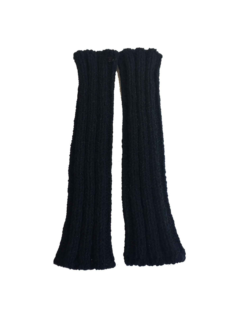 CHANEL Size 2 long knitted mittens in black cotton, cashmere and silk and silver threads 