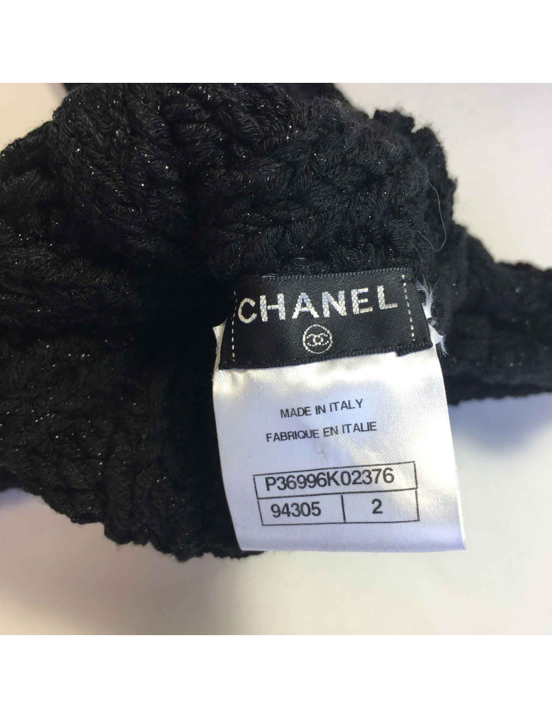 CHANEL Size 2 long knitted mittens in black cotton, cashmere and silk and silver threads 