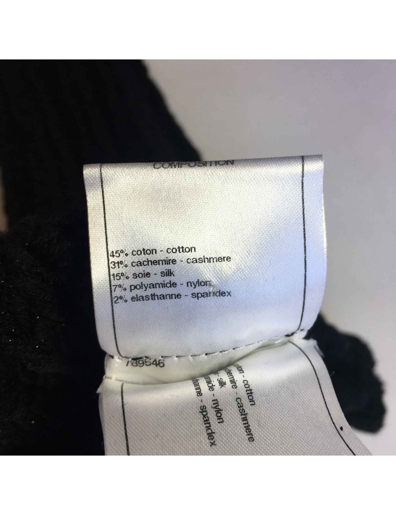 CHANEL Size 2 long knitted mittens in black cotton, cashmere and silk and silver threads 