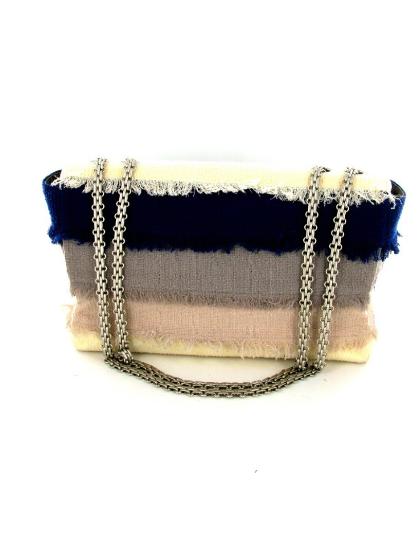 Sac CHANEL en tissu bleu-gris-beige fermoir 255