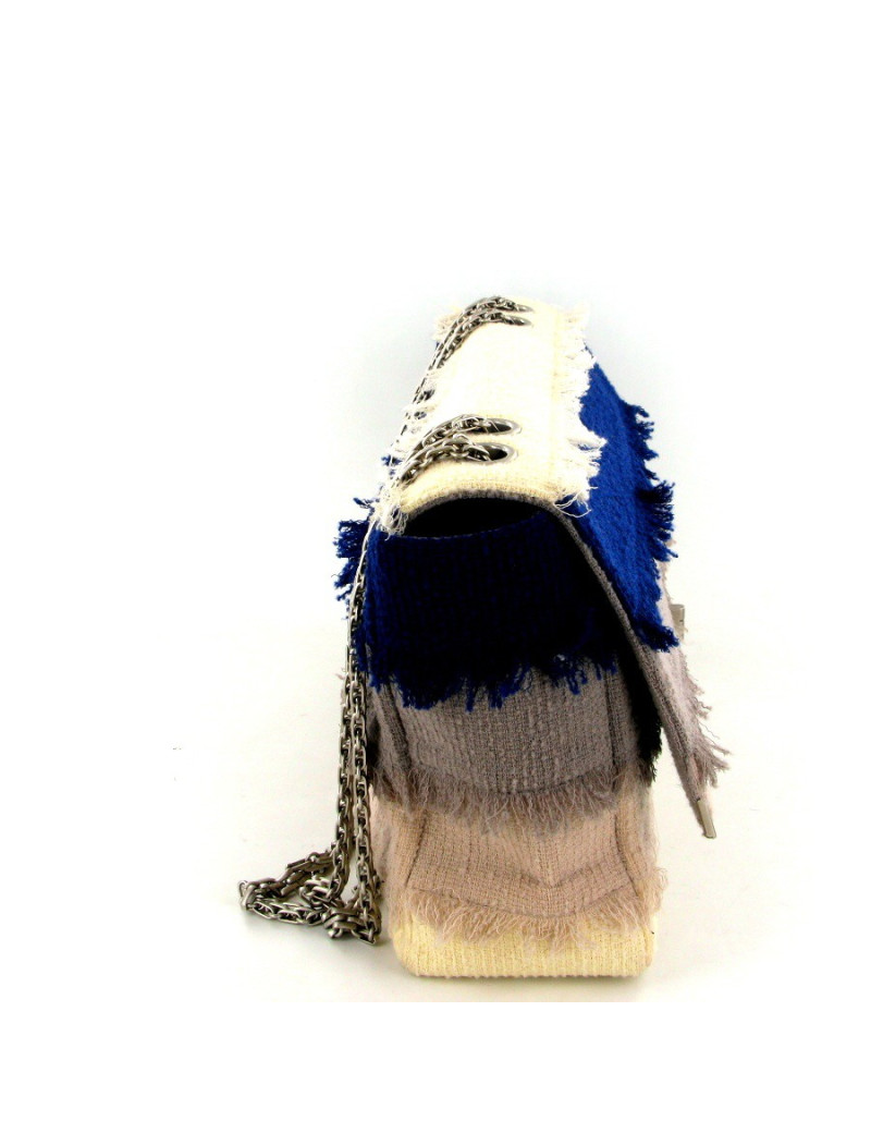 Sac CHANEL en tissu bleu-gris-beige fermoir 255