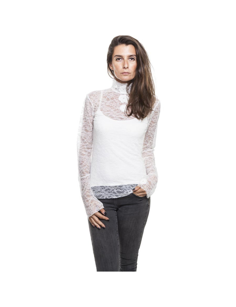 CHANEL T 42 blouse in off-white lace and its cotton caraco