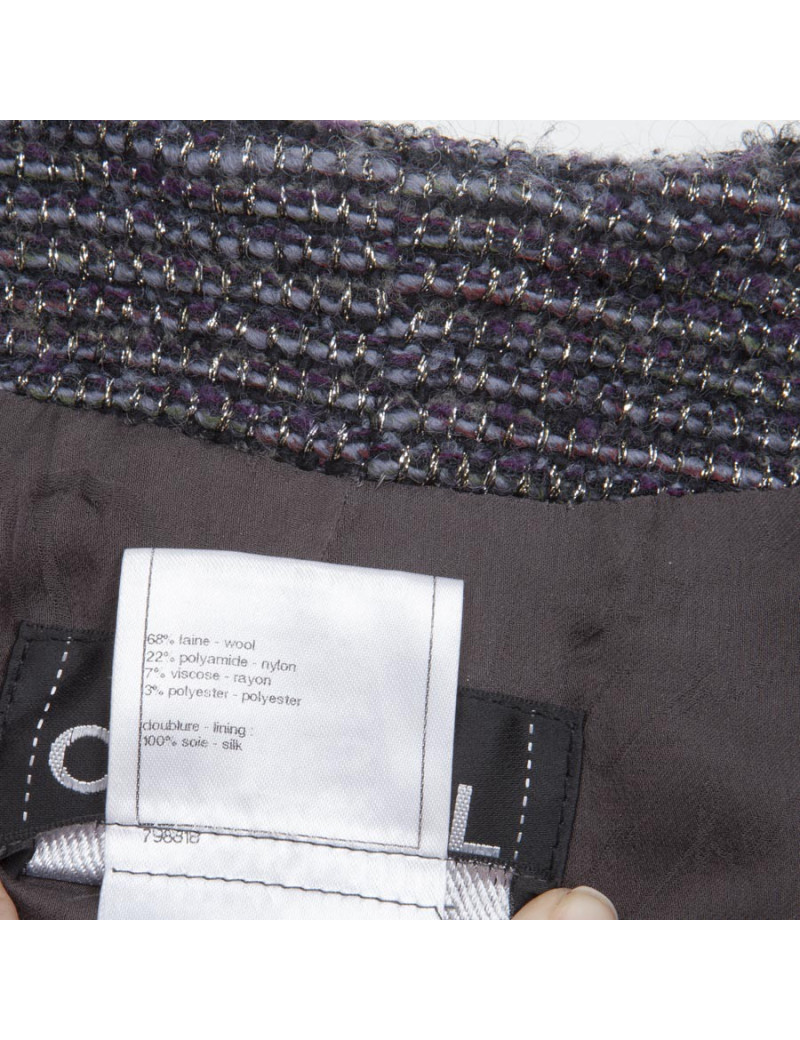 CHANEL Coat dress in purple tweed and pale gold threads size 34FR