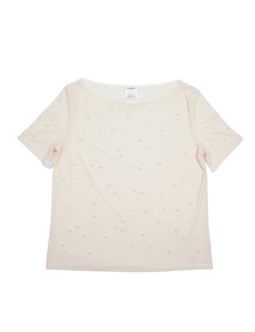 Blouse CHANEL sans manches avec perles blanches