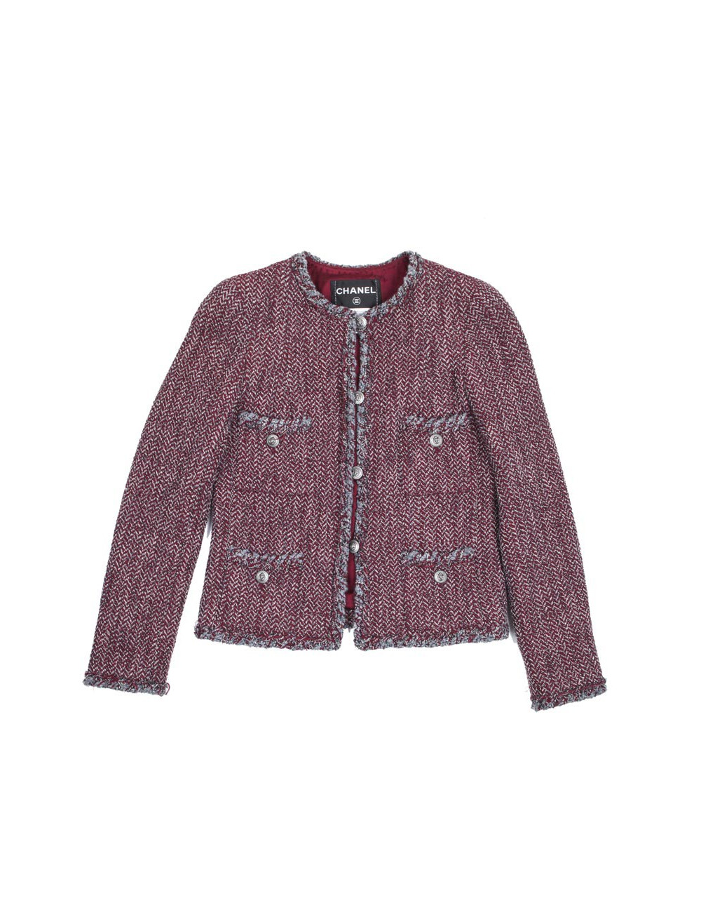 Veste CHANEL T 36 Tweed à chevrons rouge blan et gris