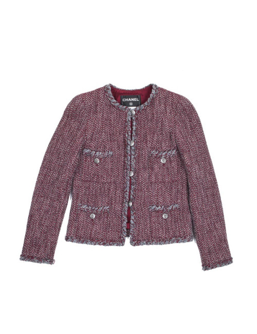 Veste CHANEL T 36 Tweed à chevrons rouge blan et gris