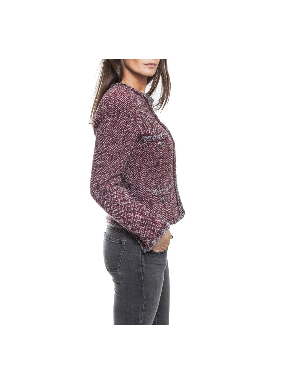 Veste CHANEL T 36 Tweed à chevrons rouge blan et gris