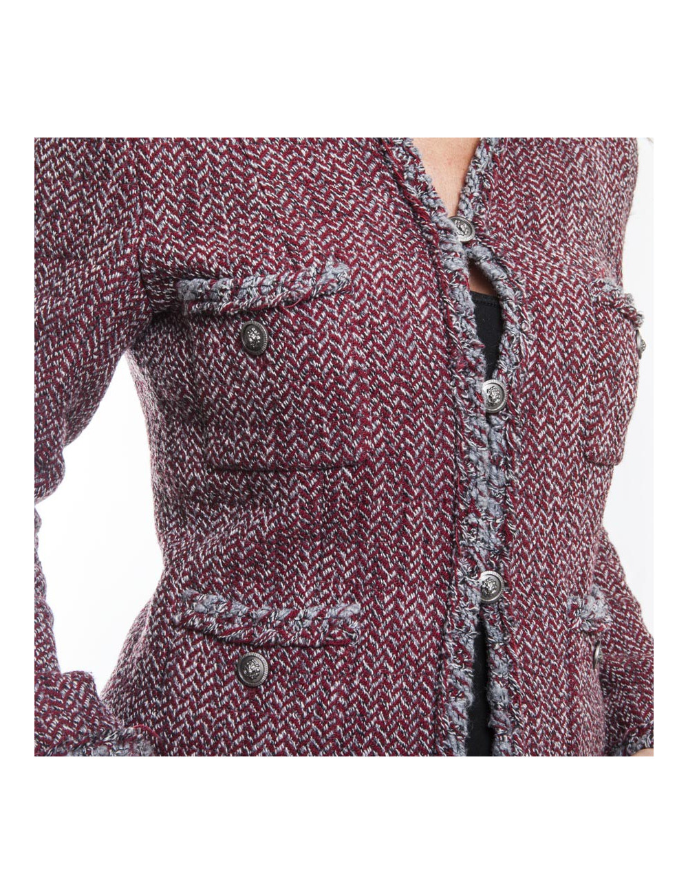 Veste CHANEL T 36 Tweed à chevrons rouge blan et gris