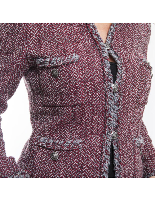 Veste CHANEL T 36 Tweed à chevrons rouge blan et gris