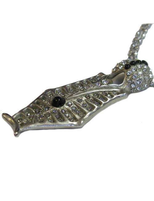 Collier CHRISTIAN LACROIX en métal argenté pendentif serti de brillant et perles noires