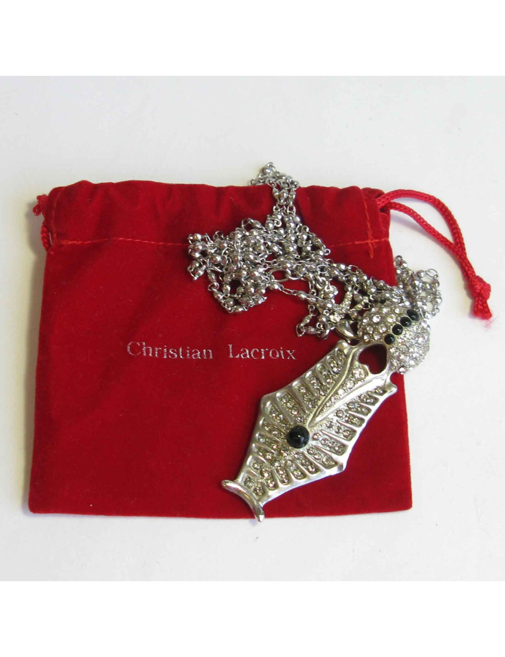 Collier CHRISTIAN LACROIX en métal argenté pendentif serti de brillant et perles noires