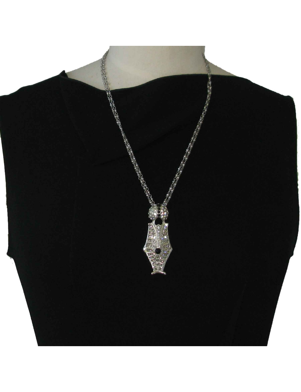 Collier CHRISTIAN LACROIX en métal argenté pendentif serti de brillant et perles noires