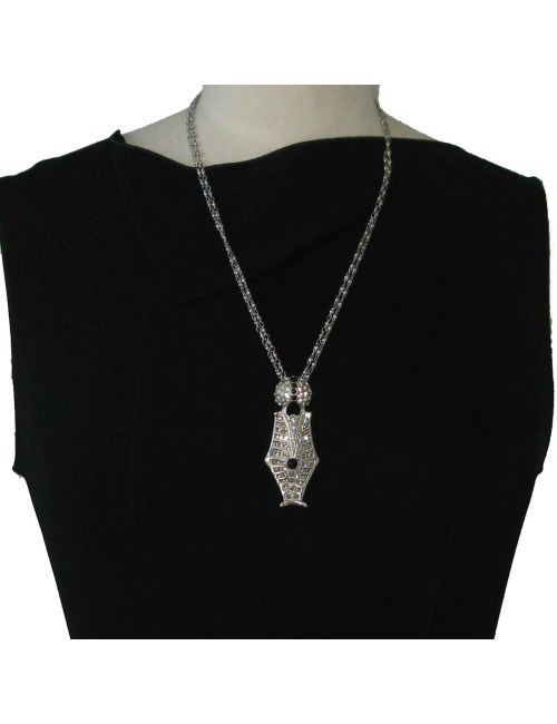 Collier CHRISTIAN LACROIX en métal argenté pendentif serti de brillant et perles noires