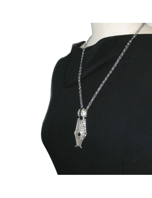 Collier CHRISTIAN LACROIX en métal argenté pendentif serti de brillant et perles noires