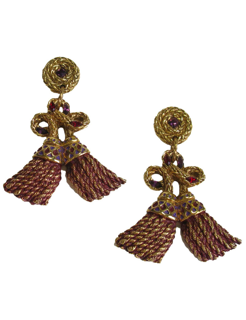 Boucles d'oreille clips F.VOLLE vintage en métal doré et résine bordeaux et violette