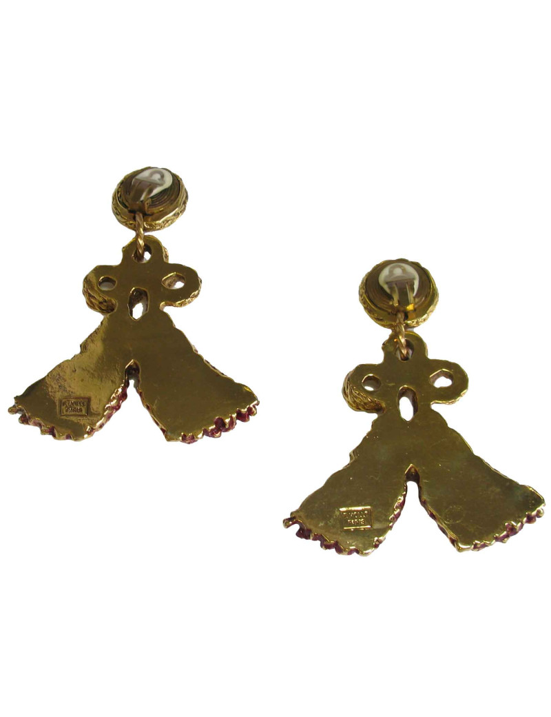 Boucles d'oreille clips F.VOLLE vintage en métal doré et résine bordeaux et violette