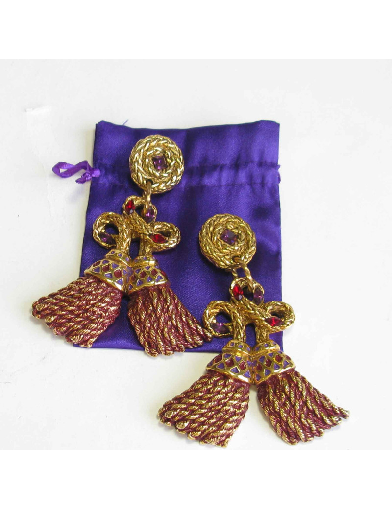 Boucles d'oreille clips F.VOLLE vintage en métal doré et résine bordeaux et violette