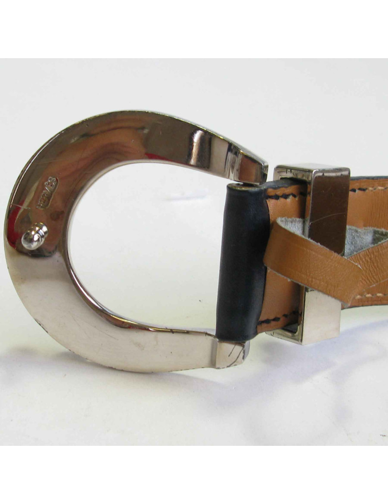 xxx Ceinture HERMES  T72 en cuir box bleu marine et fer à cheval clouté