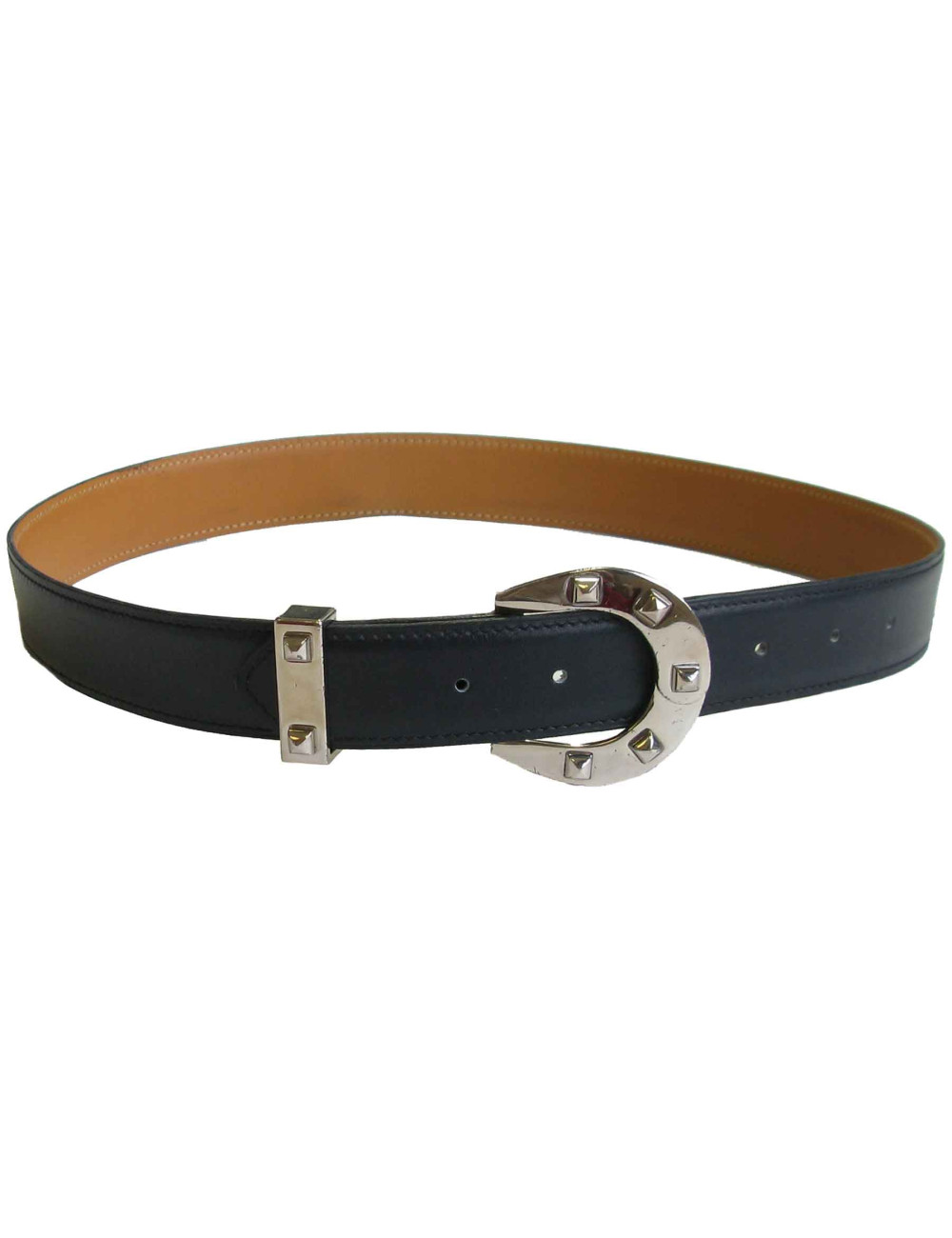 xxx Ceinture HERMES  T72 en cuir box bleu marine et fer à cheval clouté