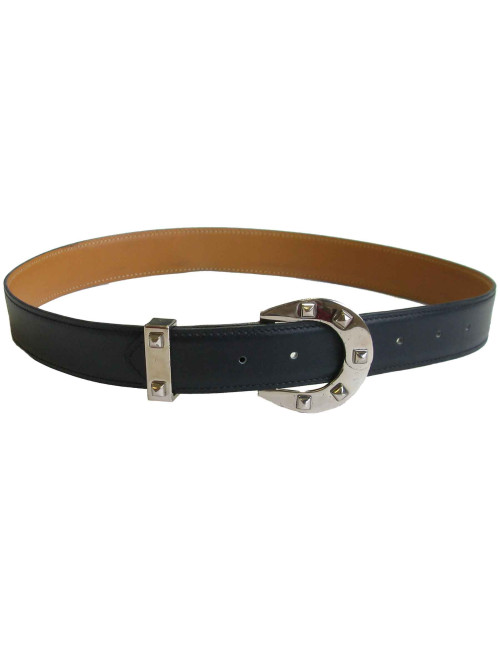 xxx Ceinture HERMES  T72 en cuir box bleu marine et fer à cheval clouté
