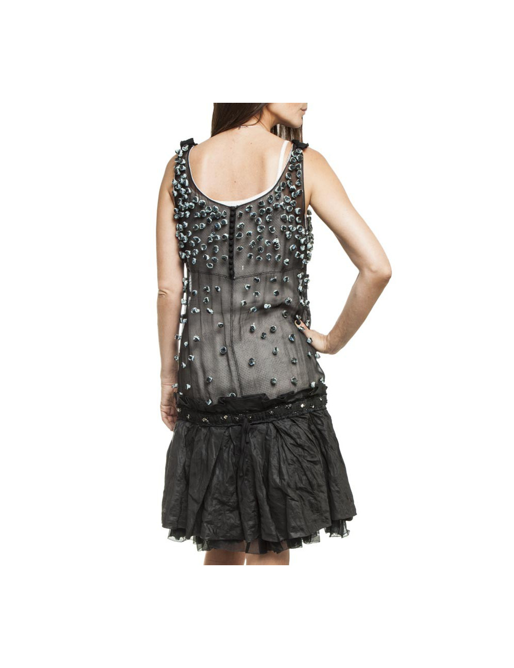 Robe LOUIS VUITTON T 38 FR en soie noire avec petites fleurs bleues