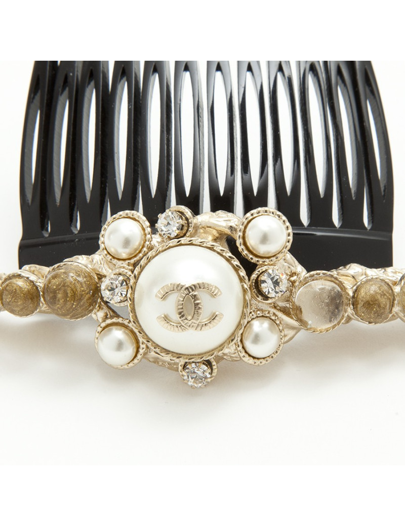 Peigne broche à cheveux CHANEL perles nacrées et strass