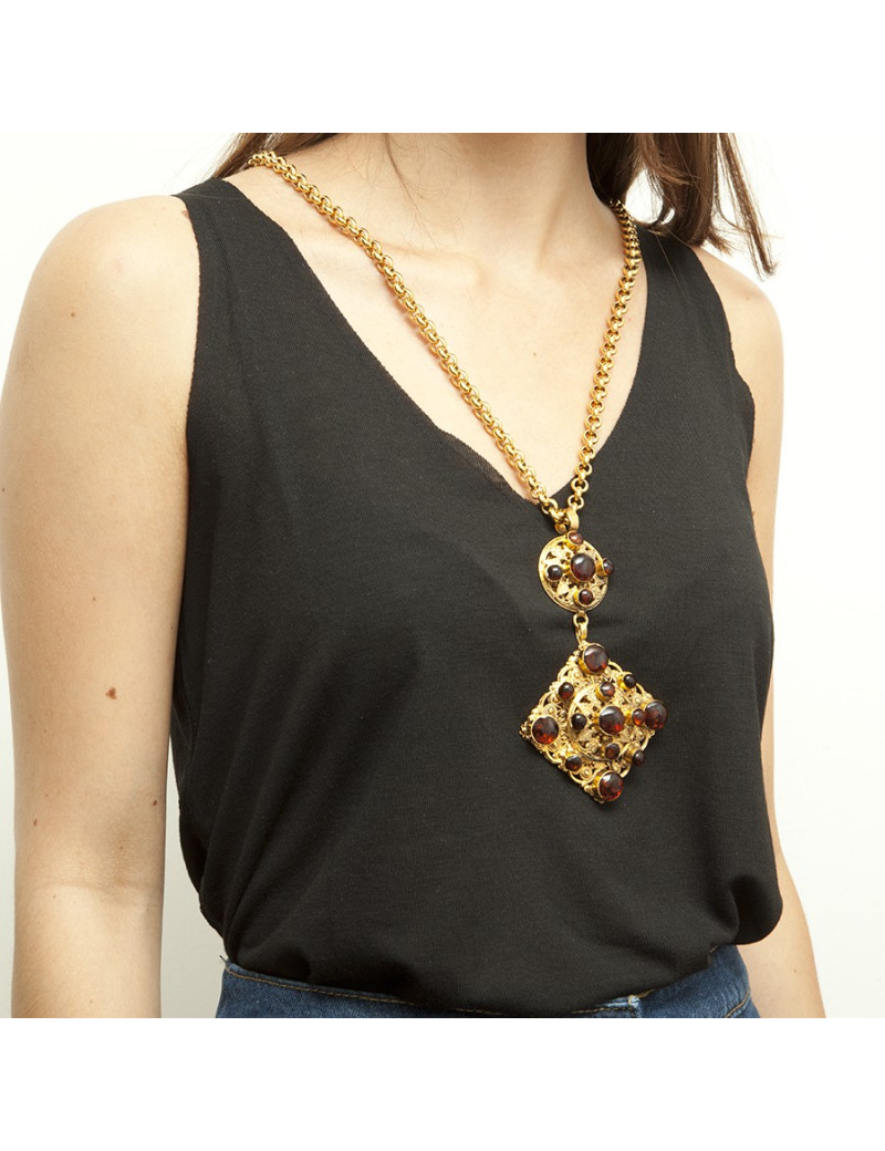 MARGUERITE DE VALOIS long necklace couture in gold plated metal and pendant in molten glass