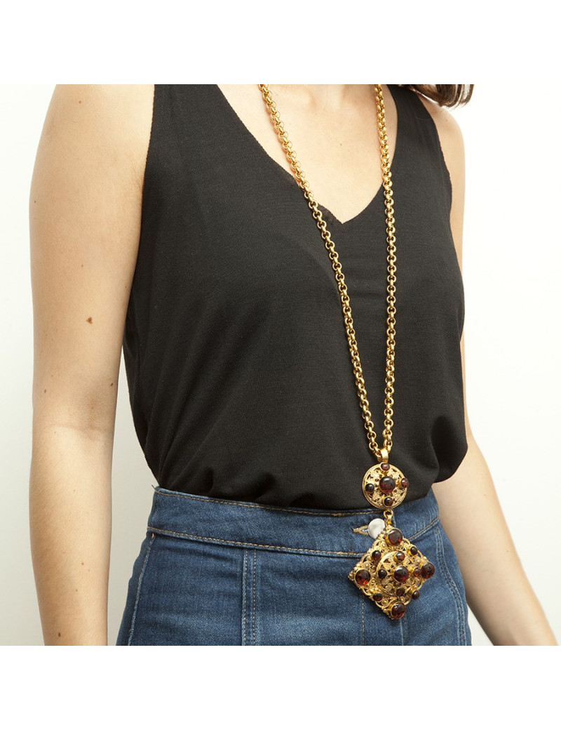 MARGUERITE DE VALOIS long necklace couture in gold plated metal and pendant in molten glass