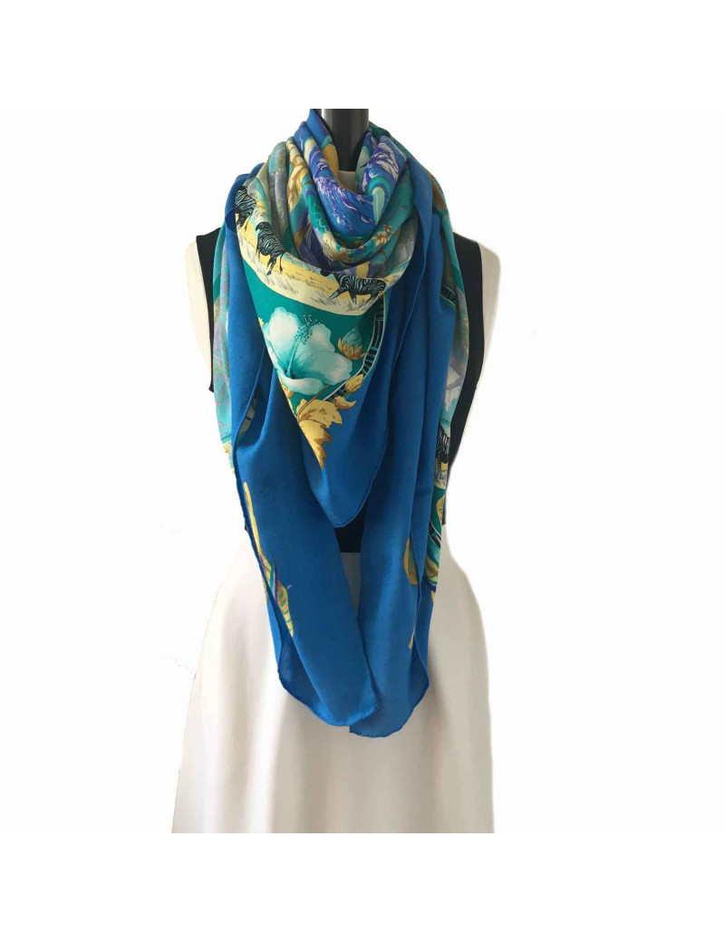 xxx Châle HERMES 'Tropiques' en cachemire et soie bleu