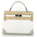 Bag KELLY 32 Ghillies HERMES in swift white and gray Pearl