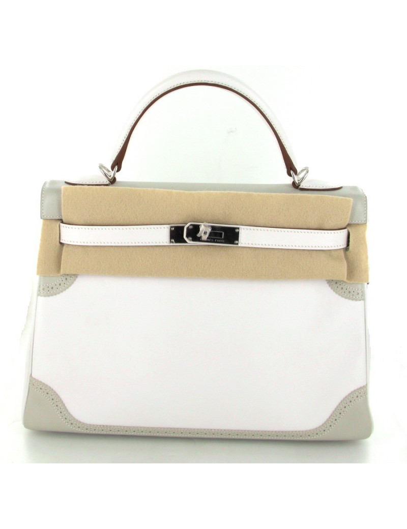 Sac KELLY 32 ghillies en swift blanc et gris perle