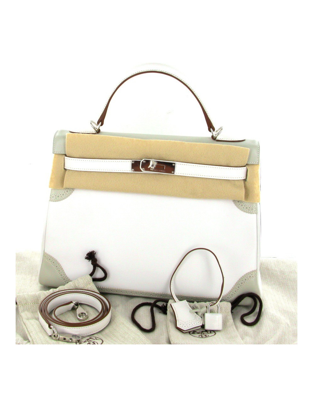 Sac KELLY 32 ghillies en swift blanc et gris perle