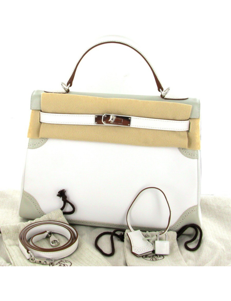 Sac KELLY 32 ghillies en swift blanc et gris perle