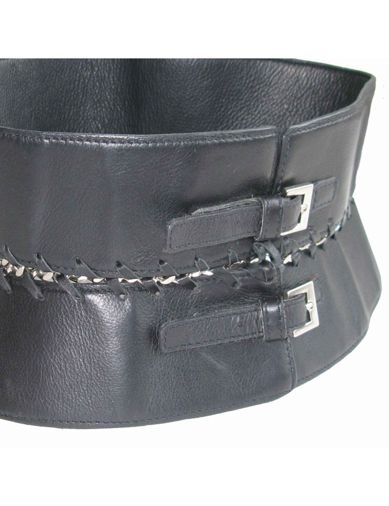 Ceinture JEAN PAUL GAULTIER Vintage T75 en cuir noir et métal argenté