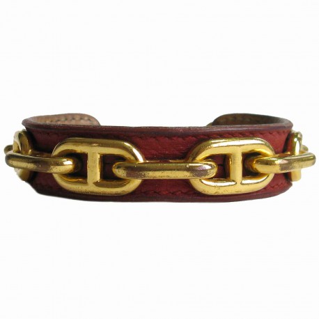 Bracelet HERMES en cuir bordeaux et chaîne d'ancre métal doré