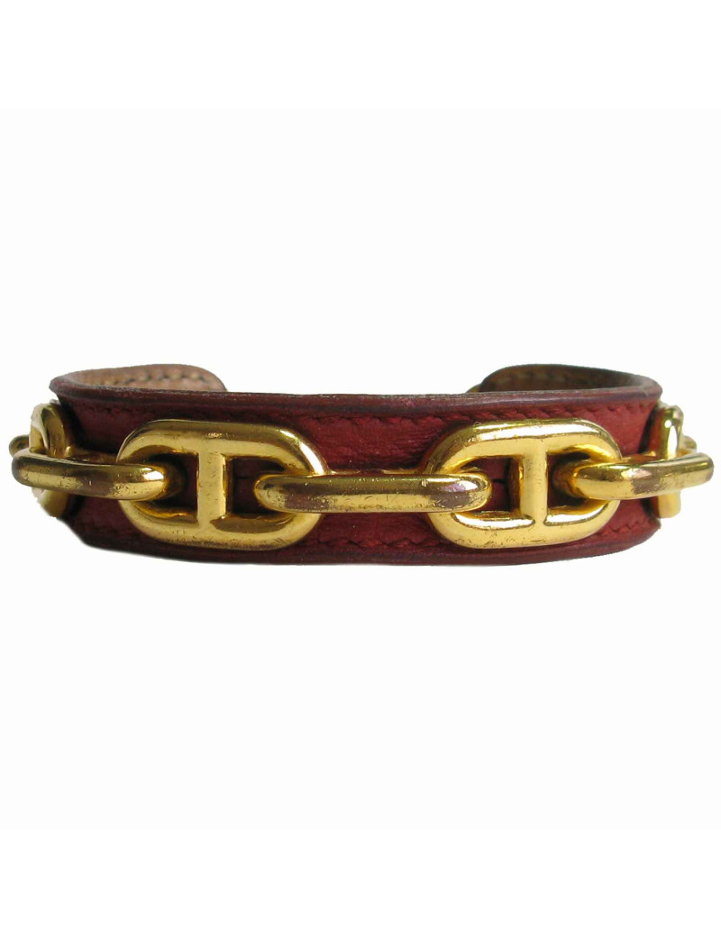 Bracelet HERMES cuir gold et chaînes d'ancre métal doré