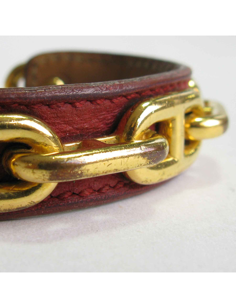 Bracelet HERMES en cuir bordeaux et chaîne d'ancre métal doré