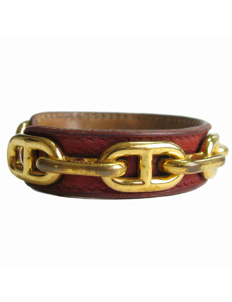 Bracelet HERMES en cuir bordeaux et chaîne d'ancre métal doré