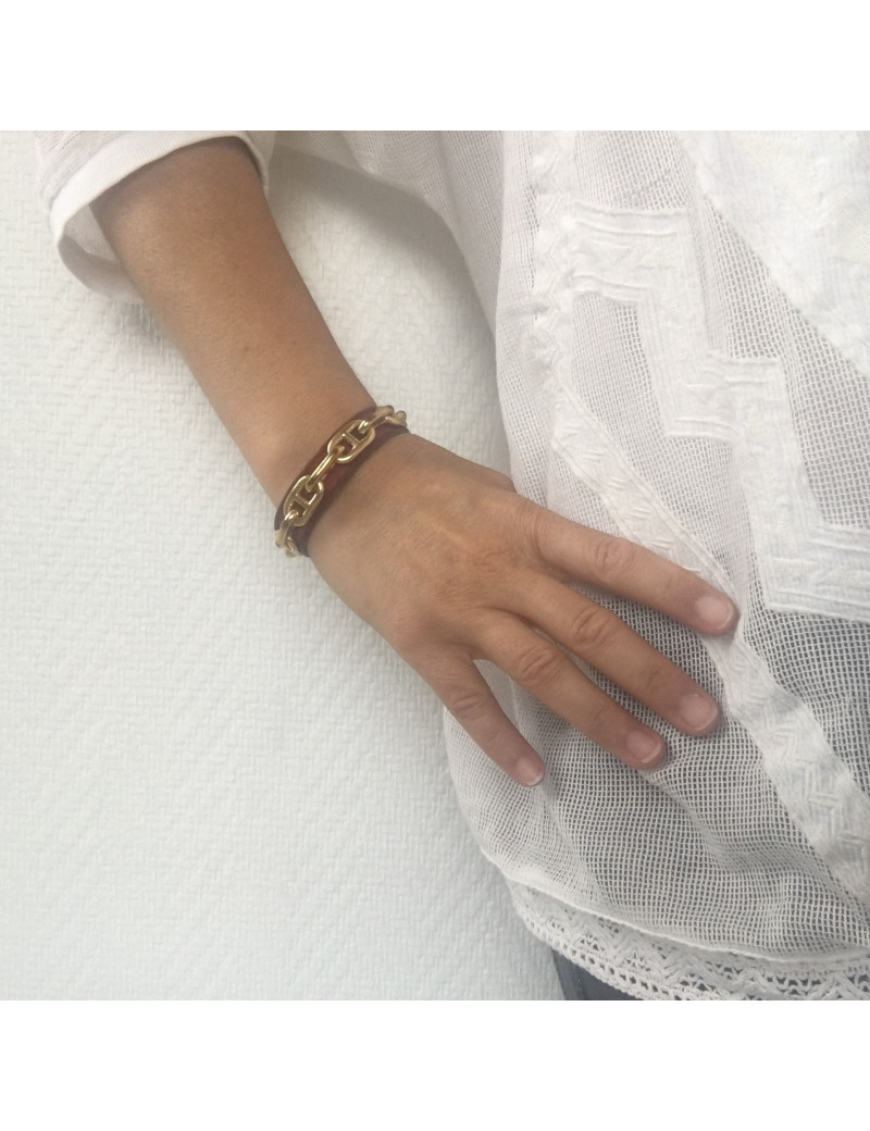 Bracelet HERMES cuir gold et chaînes d'ancre métal doré