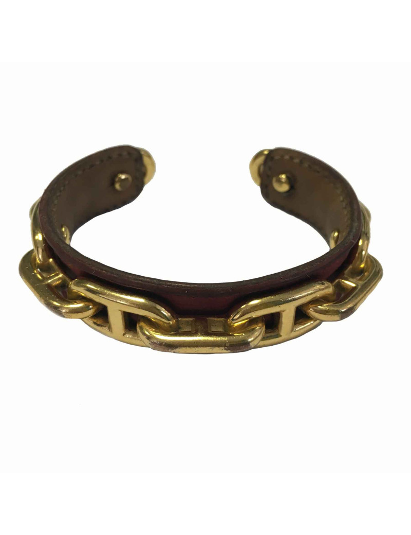 Bracelet HERMES cuir gold et chaînes d'ancre métal doré