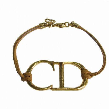 Bracelet CD CHRISTIAN DIOR Vintage en cuir marron et métal doré