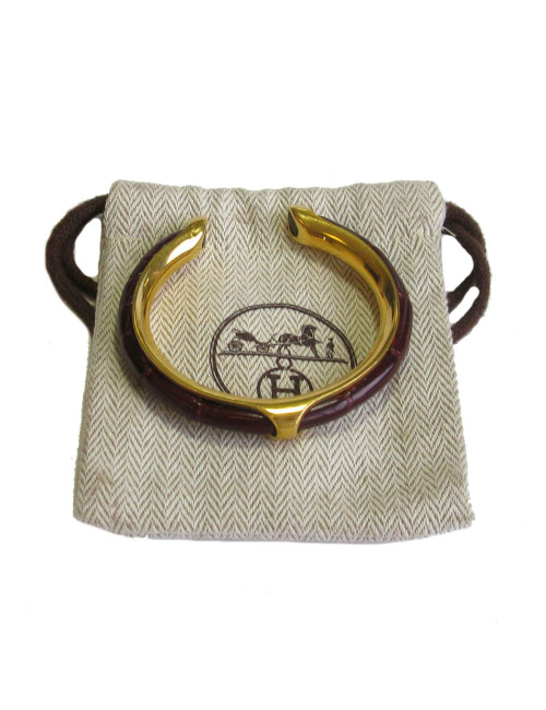 xxx Bracelet HERMES  plaqué or et croco rouge H Vintage