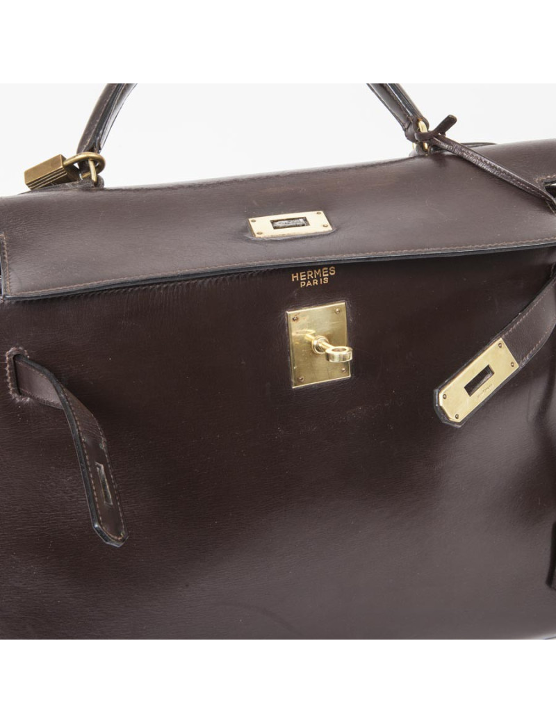  HERMES Kelly 32 vintage bag in glossy brown saddle box leather