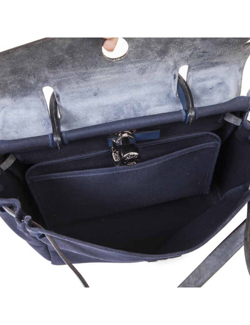 Sac Herbag HERMES en toile bleu nuit et naturel